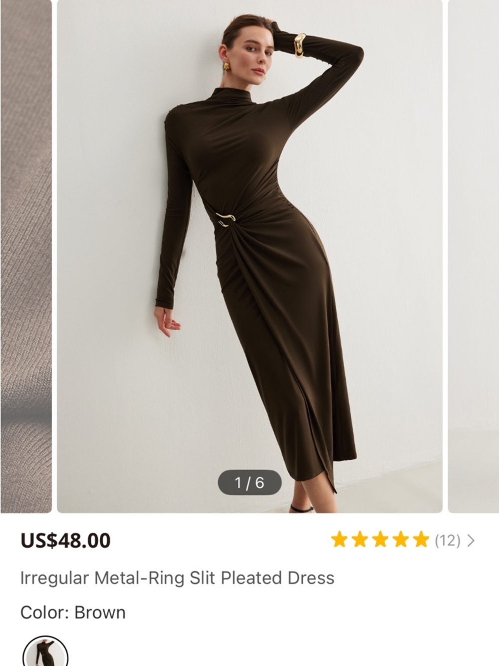 NEW Commense Brown Long-Sleeve Midi Dress with Metal Ring